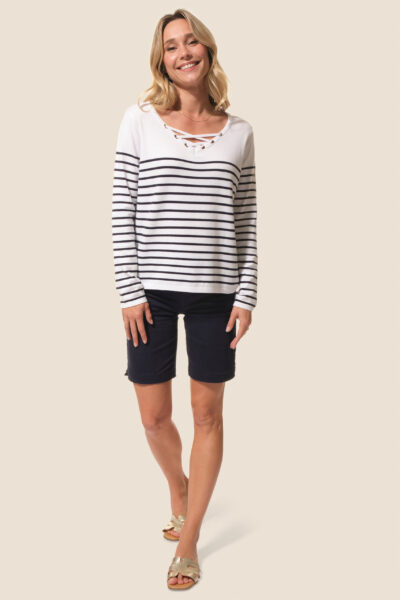 Pull femme rayé col V Blanche Hublot Mode Marine