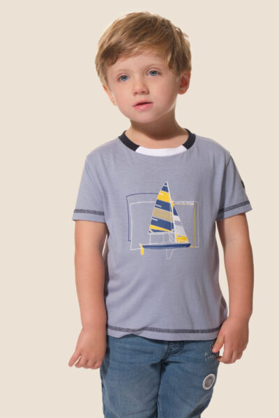 Tee-shirt garçon uni col rond bicolore avec animation Hublot Mode Marine